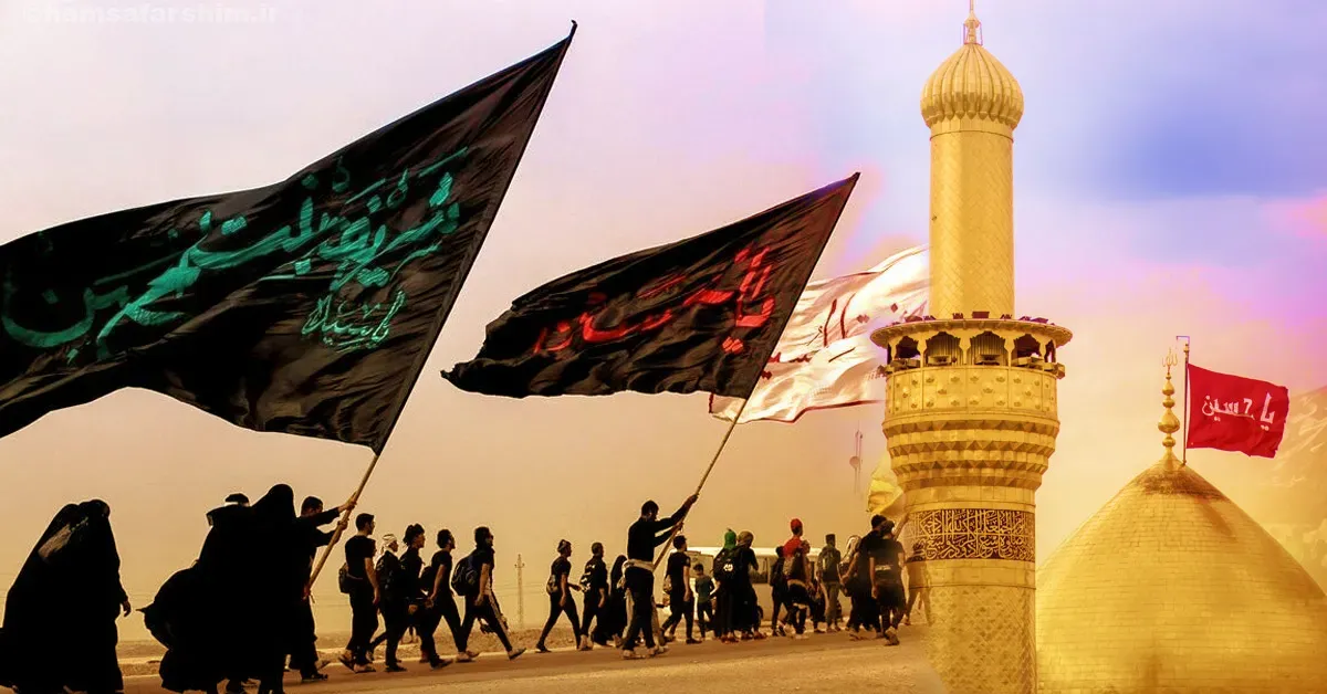 زائرین اربعین در حال حرکت و بازگشت از کربلا، لحظات احساسی سفر با پرچم امام حسین
