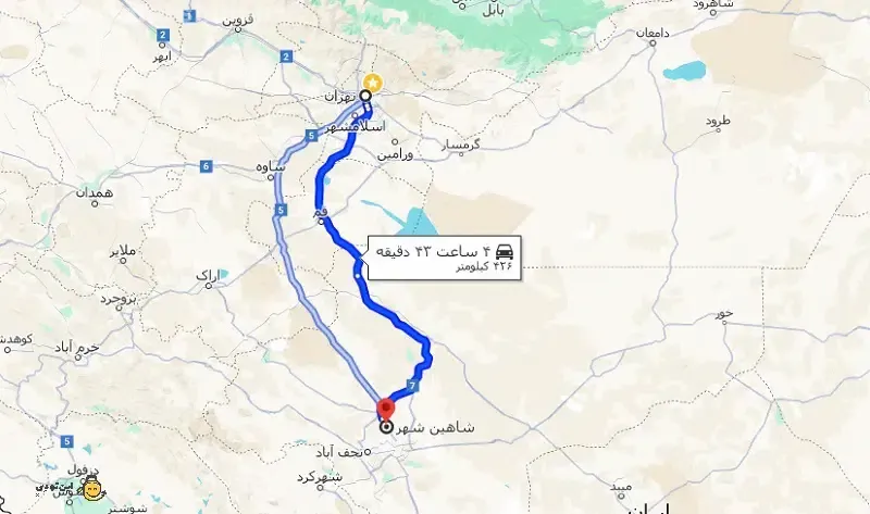 فاصله شاهین‌شهر تا اصفهان