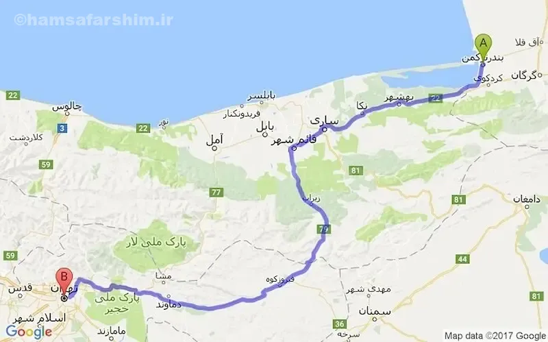 از سمنان تا ساری چند کیلومتر است