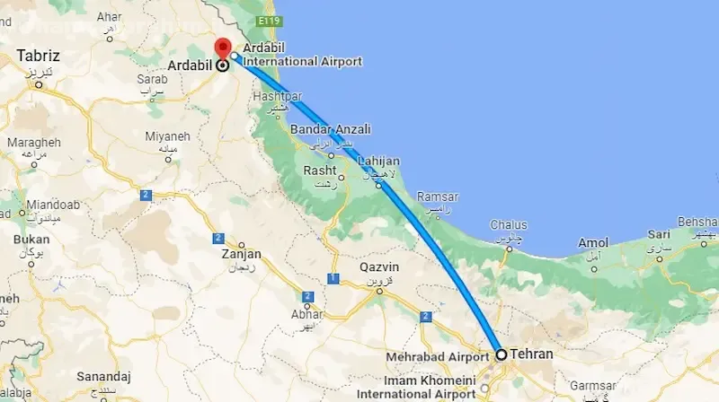 مسیر تهران تا اردبیل از نگاه نقشه گوگل